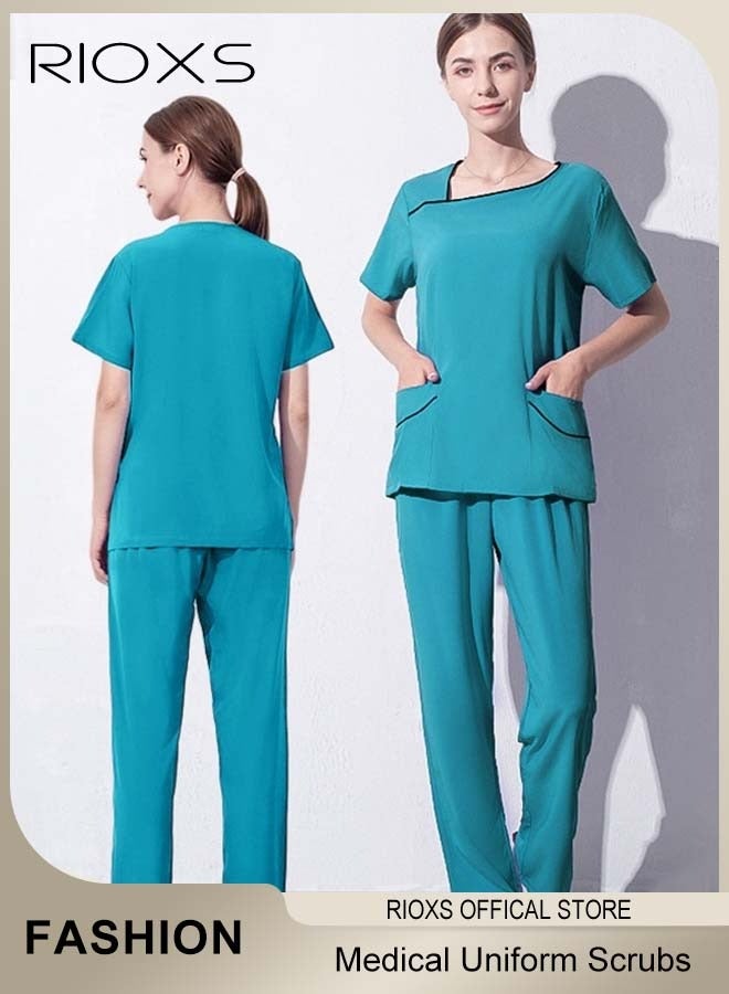 RIOXS Unisex Medical Uniform Scrubs, Stretch Medical Scrubs Set with Pockets for Men and Women, Short Sleeve Top and Long Pants, Lightweight Breathable Unconventional Collar Design Medical Uniform Scrub Set for Nurses/ Dental Assistants/ Students/ Doctors and Hospital Workers, Lake Blue - Image 1